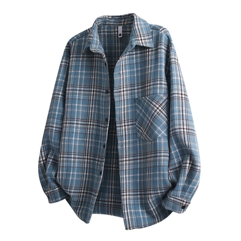 蓝色格子衬衫男秋季翻领长袖外套