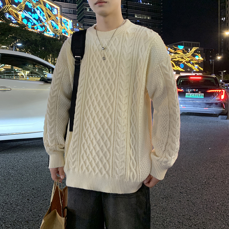 工装美式毛衣圆领编织麻花针织衫