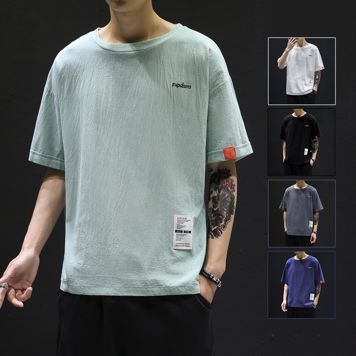 男士高端t恤短袖日系复古夏季冰感假两件潮流棉麻亚薄款半袖上衣