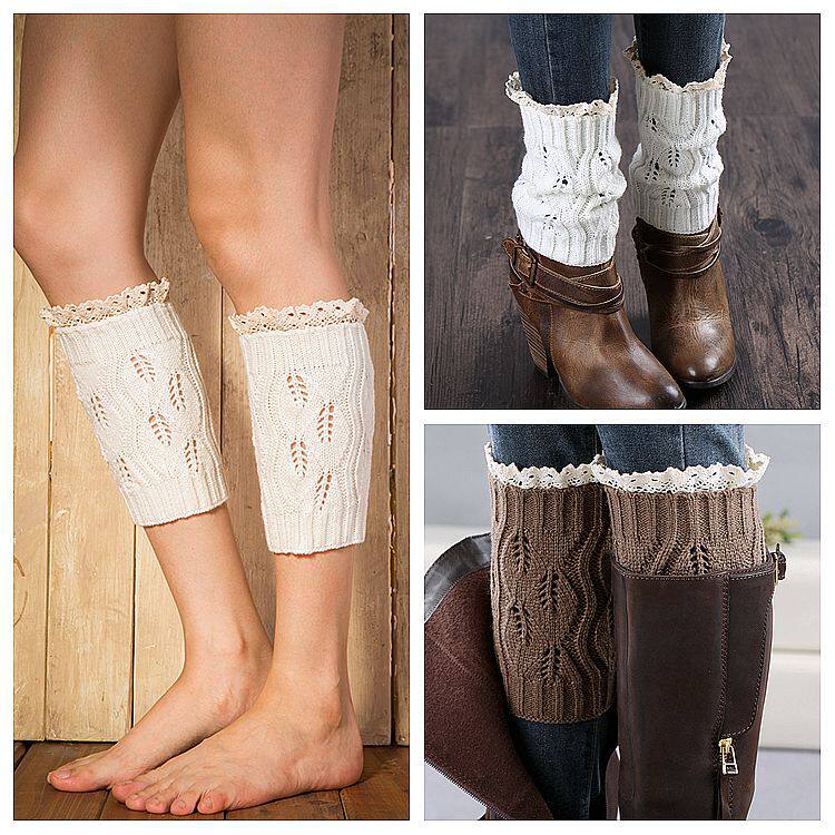针织毛线脚套保暖靴套秋冬短款蕾丝花边树叶护腿袜套女士