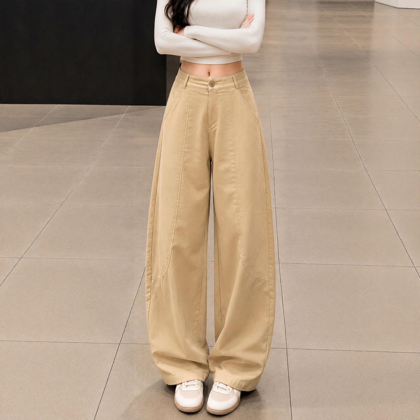 卡其色工装弯刀裤女款秋2026新款高腰垂感小个子窄版高腰阔腿裤子