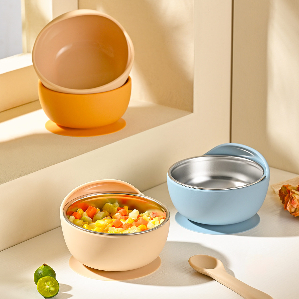 宝宝辅食碗莫兰迪色婴幼儿硅胶蜗牛碗儿童吃饭防摔训练碗带吸盘