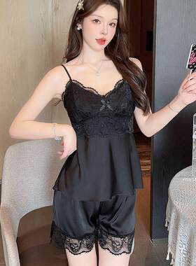睡衣薄款家居服花边胸垫丝感甜美夏季短裤带蕾丝吊带女性套装冰雪