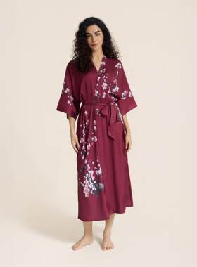 袖睡衣雪纺睡袍女夏大码七分轻奢家居服印花长款凉感缎面女式