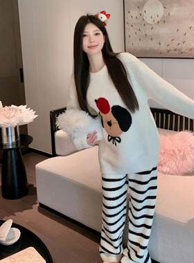半边睡衣印花年套装家居服女新款韩式冬季套头少女保暖绒小熊2026