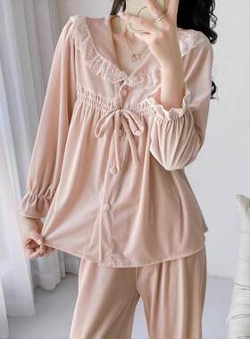 空调家居服秋冬套装服花边长袖蕾丝开衫长裤款睡衣新款女士金丝绒