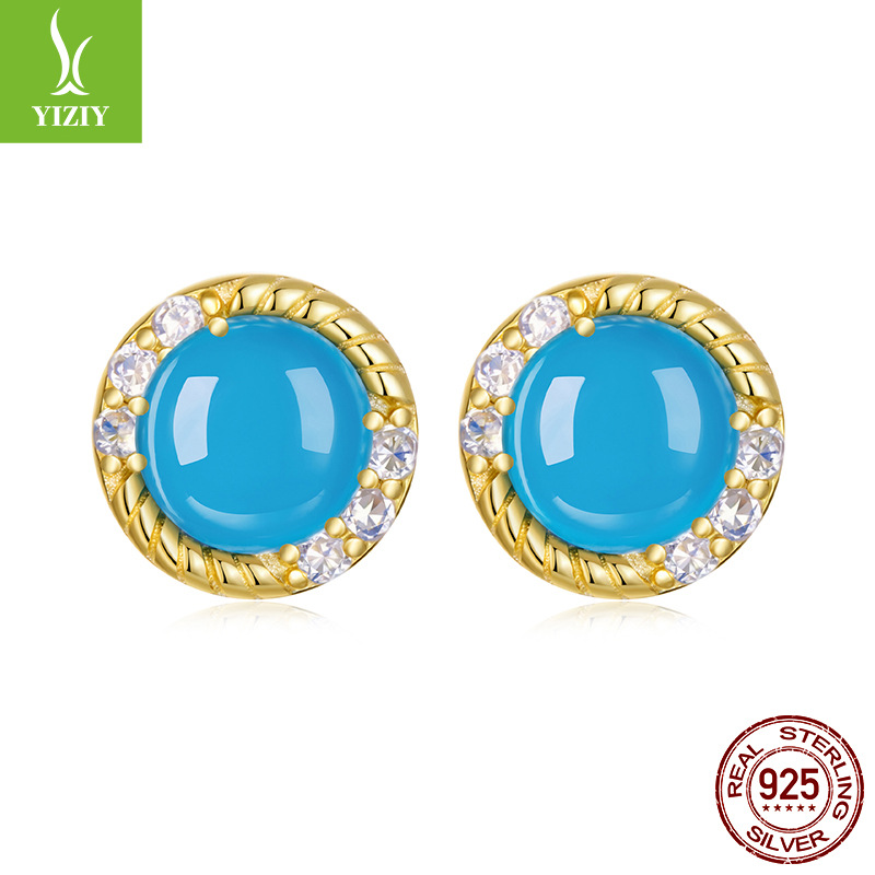 绿松石s925纯银耳钉优雅宫廷风气质镀14K金耳钉耳饰