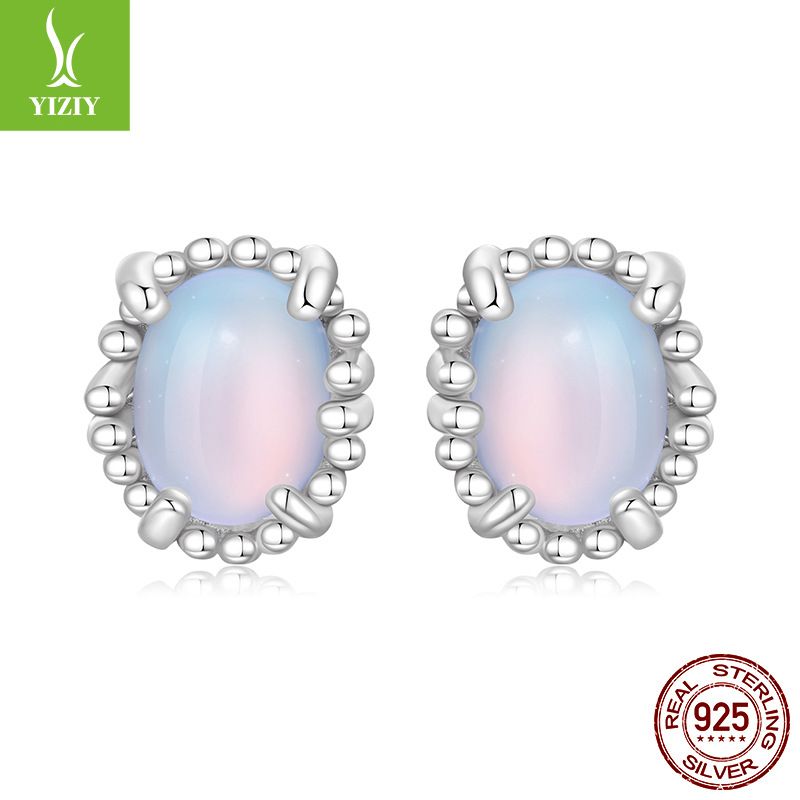 新款s925纯银幻彩石耳钉女士 法式浪漫宫廷风四爪耳钉耳饰