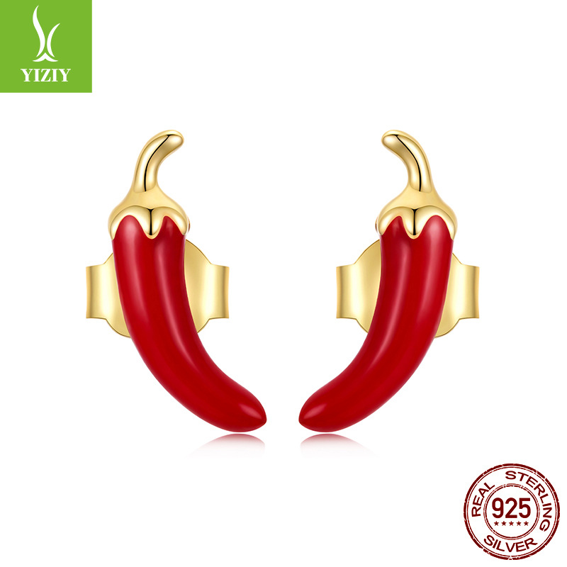 新款个性红色辣椒耳钉辣妹时尚创意s925纯银耳钉耳饰批发