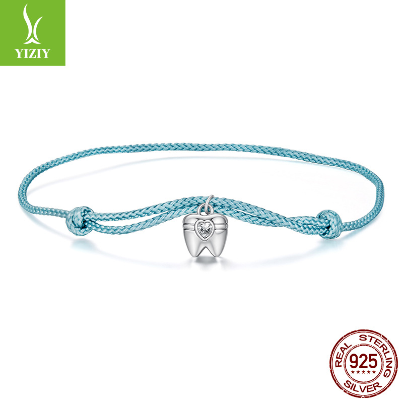 创意设计s925纯银牙齿手绳手链自信魅力蓝色手绳手链饰品