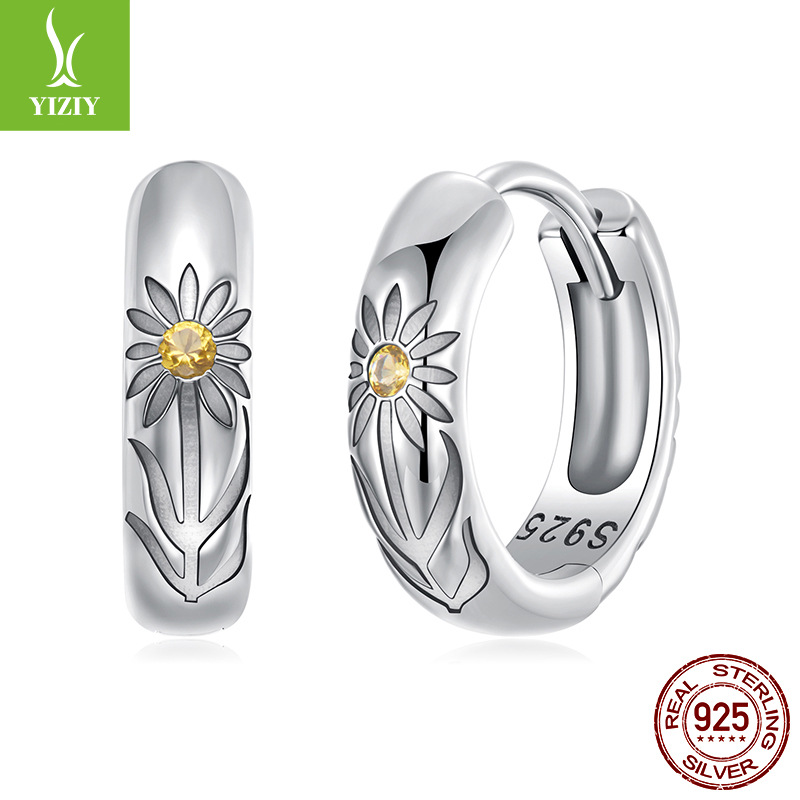 s925纯银雕刻向日葵耳扣女 温柔高级感太阳花耳环耳饰
