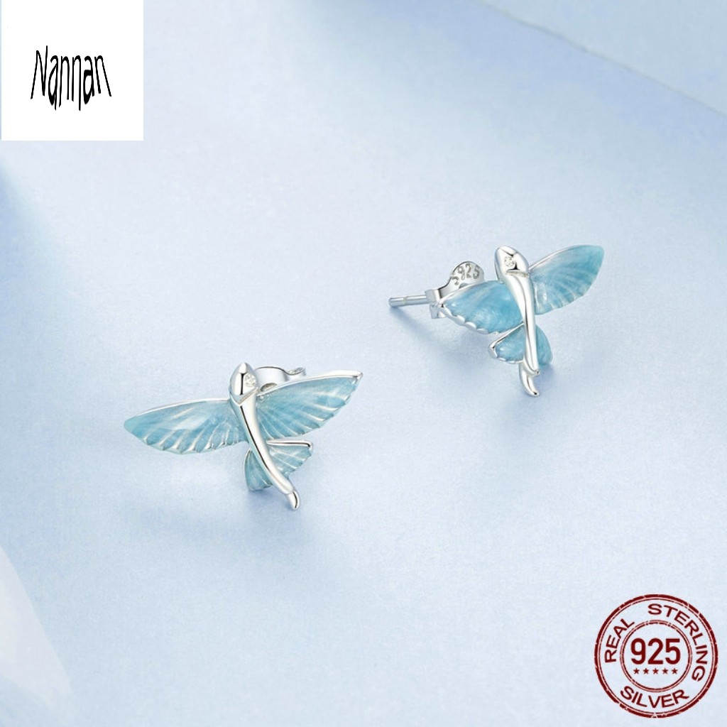 蓝白渐变飞鱼耳钉s925纯银镀白金精致小清新轻奢