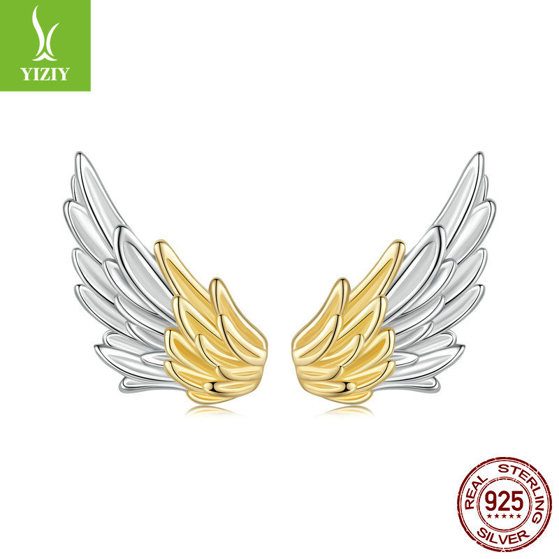 个性分色电镀翅膀耳钉男女 立体纹理感925纯银羽翼