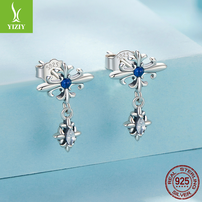 复古鸢尾花十字架耳钉女 蓝色高贵浪漫s925纯银耳环耳饰SCE1851