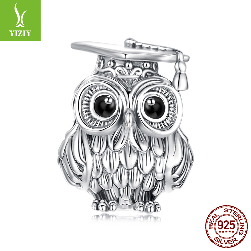 毕业季智慧猫头鹰diy串珠毕业礼物s925银珠子饰品配件