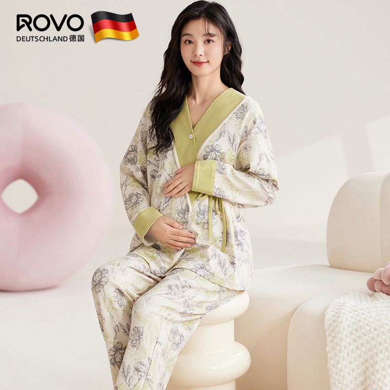 ROVO月子服孕妇睡衣女春秋款孕期纯棉套装产后产妇喂奶哺乳家居服