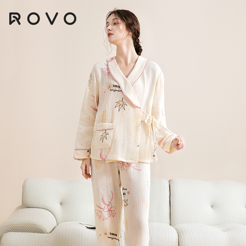 ROVO棉纱月子服孕妈孕妇睡衣哺乳秋装家居服产妇产后喂奶秋季外穿
