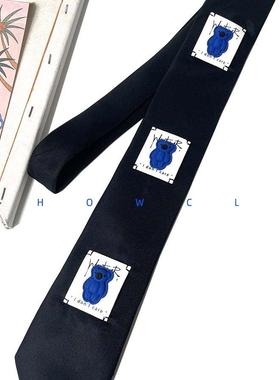 HOW CL自制小熊标手打男女同款黑色领带蓝色熊休闲时尚个性