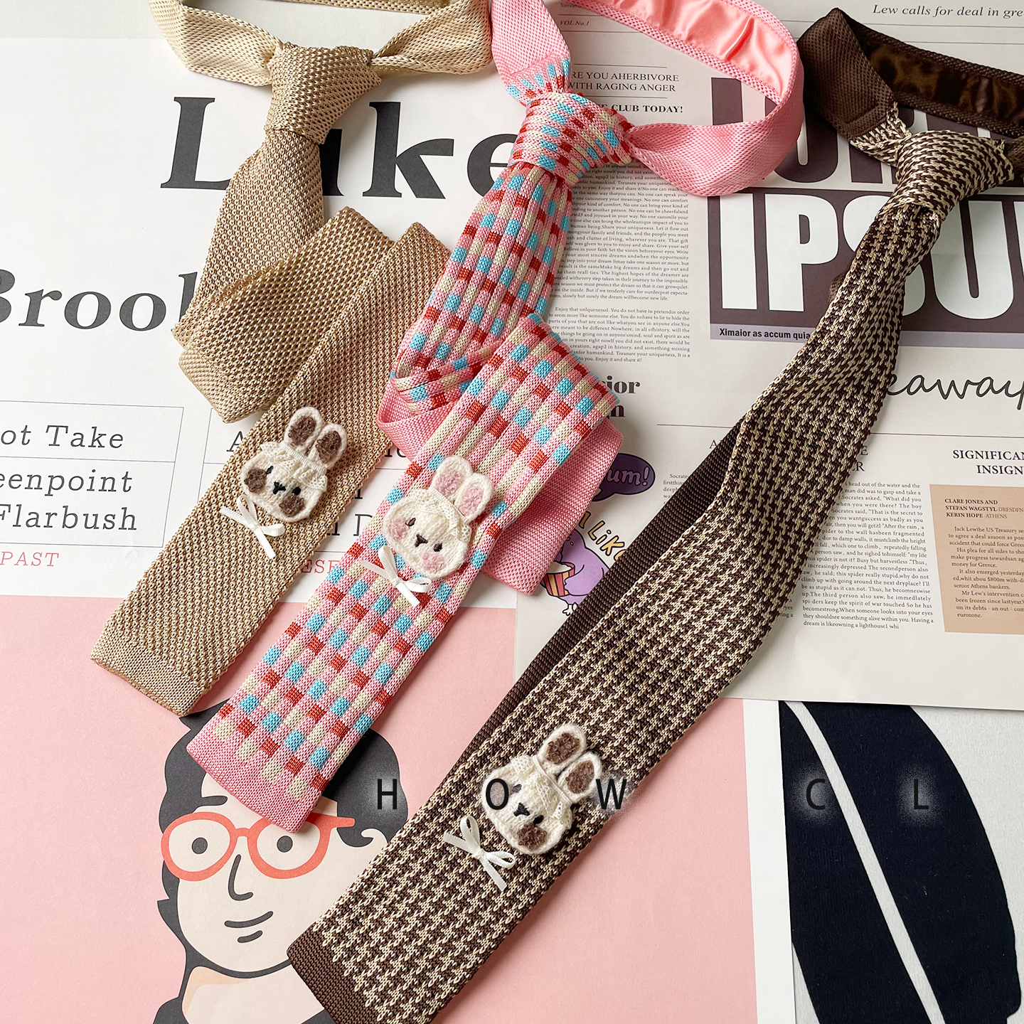 HOW CL针织小众个性自创纯色小熊男女拍摄彩色百搭秋冬款手打领带