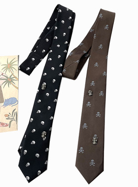 HOW CL自制骷髅头朋克风炫酷铆钉手打窄版男女褐色复古领带