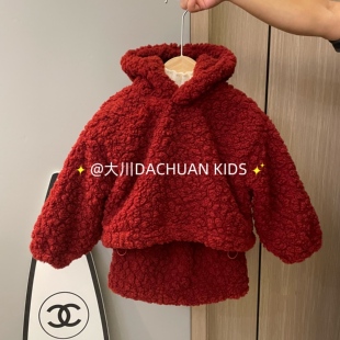 女童厚款新年红色加绒加厚套装2025冬红色年服连帽外套短裙两件套