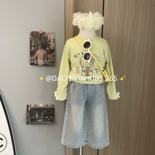 2026春装 上衣烫钻牛仔裤 新款 长袖 子时髦两件套 女童韩版 裤 卡通长袖