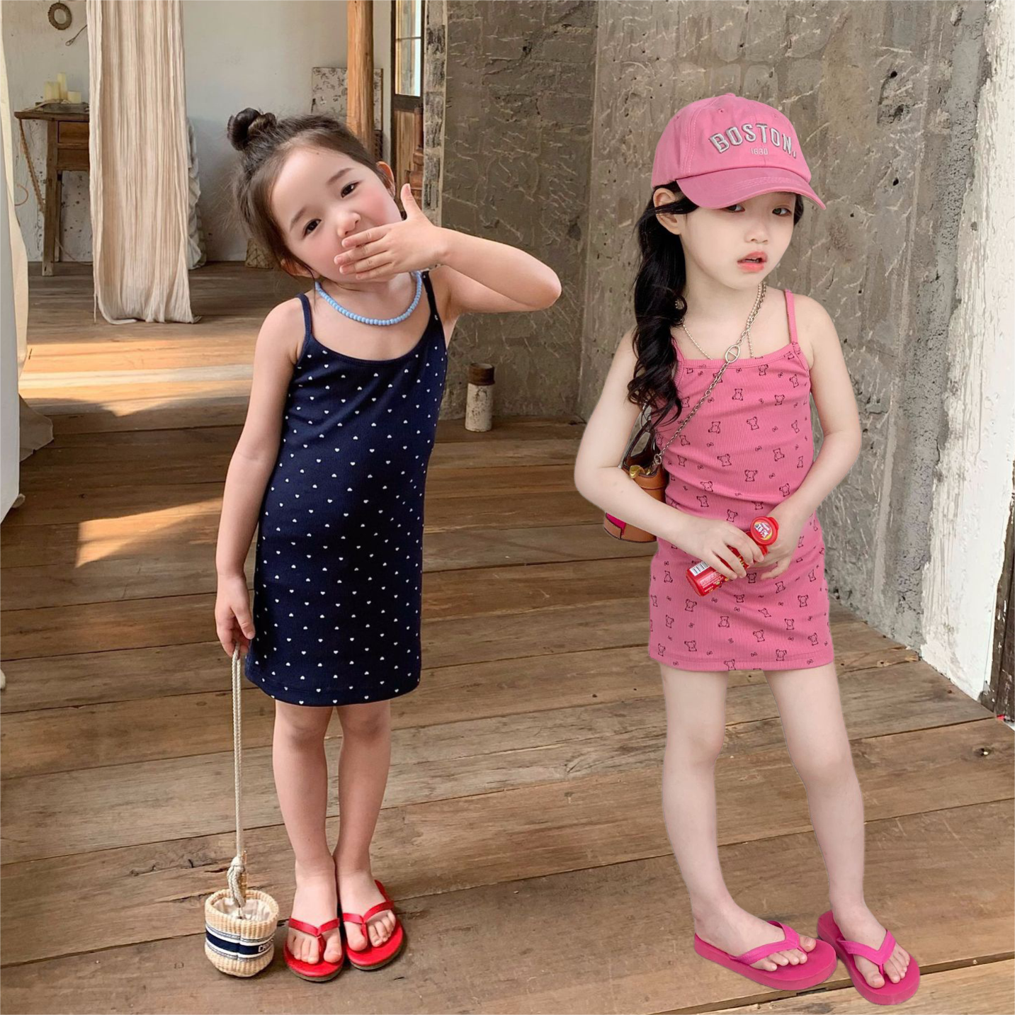 女童韩版卡通吊带裙2025夏新款小熊印花中长裙裙子可爱连衣裙休闲