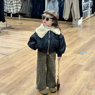 女童韩版厚款大毛领短款棉衣豹纹加绒裤纯色毛衣打底衫时髦冬装厚