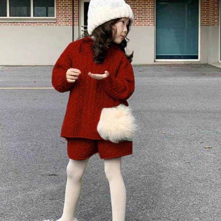女童新年红色麻花毛衣套装2025冬装厚款连帽毛衣外套短裤两件套潮