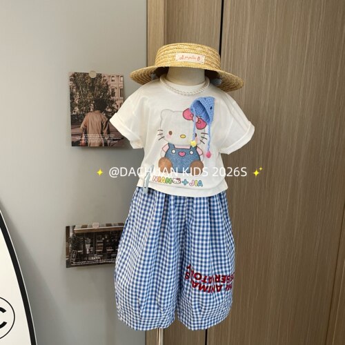 女童卡通帽子短袖T恤蓝色格子弯刀裤2026夏新款韩版童装休闲T套装
