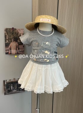 女童卡通KT短袖T恤白色棉布半裙26夏季新款韩版童装休闲短袖半裙