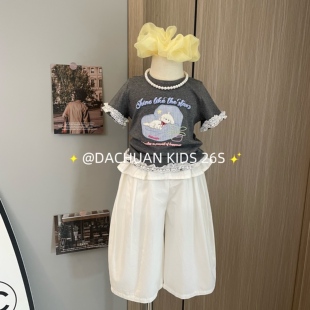 女童灰色卡通短袖花边九分裤套装2026夏装新款休闲两件套短袖裤子