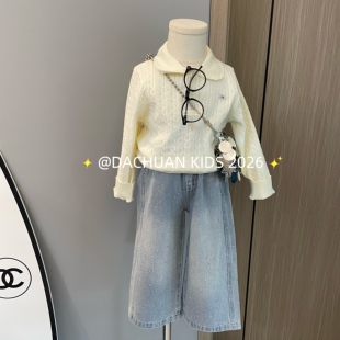 女童针织POLO花边针织衫上衣烫钻牛仔裤2026春装新款毛衣裤子套装