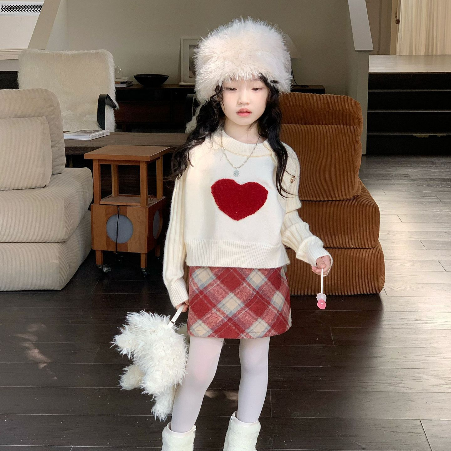 女童裙子2024秋冬新年红色半裙韩版毛呢裙红白格子A字裙可爱短裙