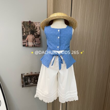 2026夏季新款女童蓝色波点后背镂空系带背心娃娃衫白色九分裤套装