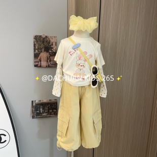 女童假两件兔子冰丝长袖速干工装裤套装2026春装新款休闲两件套潮