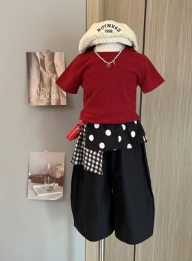女童韩版时髦红色露背短袖黑色P帘裤子水洗腔调九分裤2025夏童裤