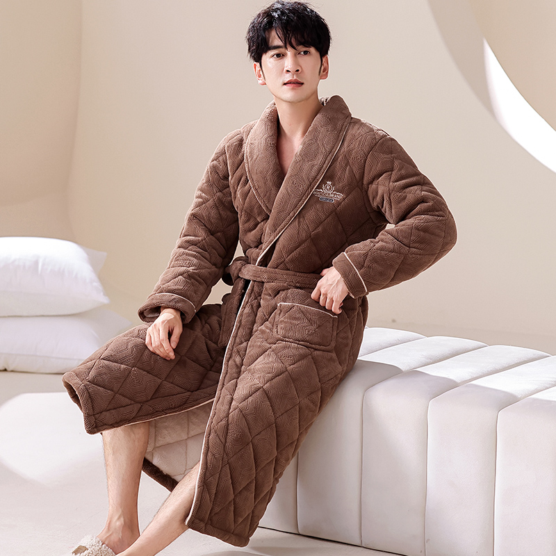 男士牛奶绒夹棉睡袍三层加厚