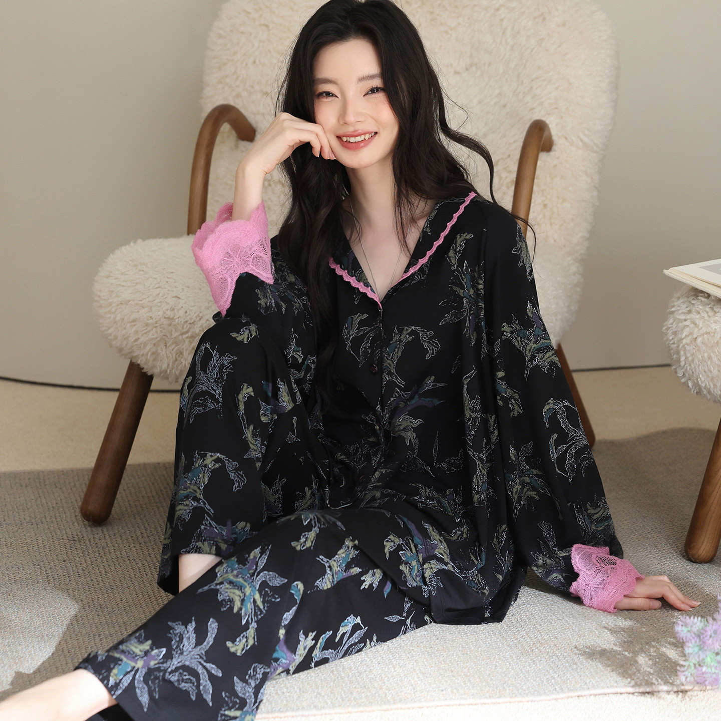 高级纯棉女士睡衣春秋款太太家居服女春秋长袖开衫深色系秋天全棉