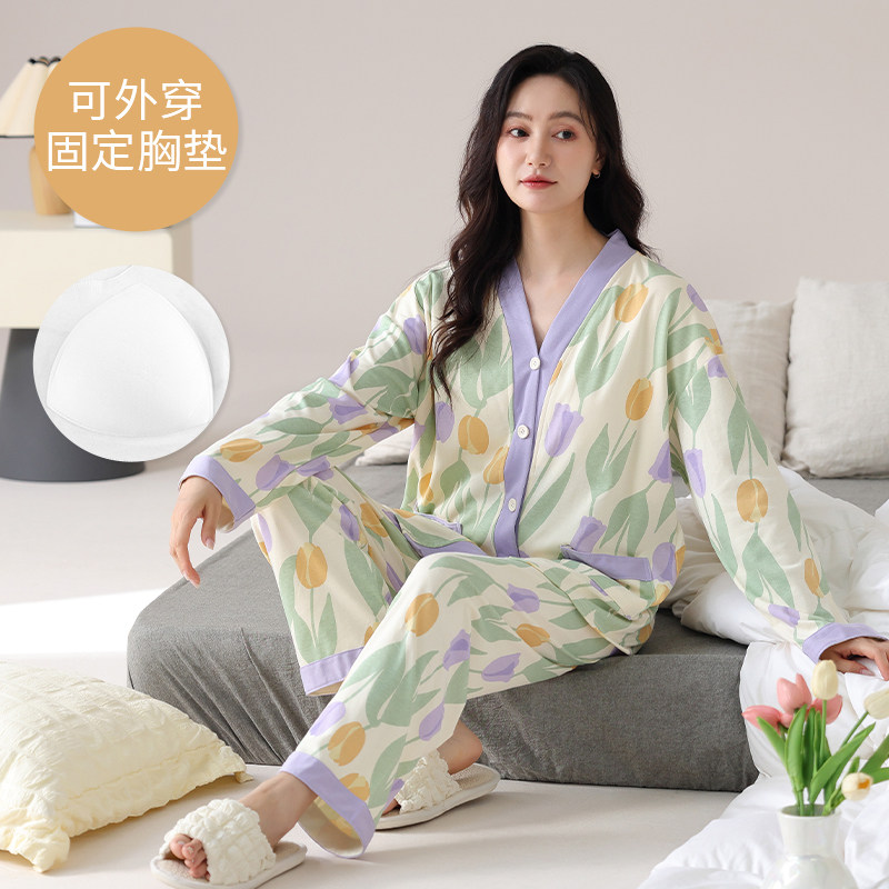 纯棉睡衣女春秋季韩版宽松胖mm加肥加大码带胸垫胸托中年人家居服
