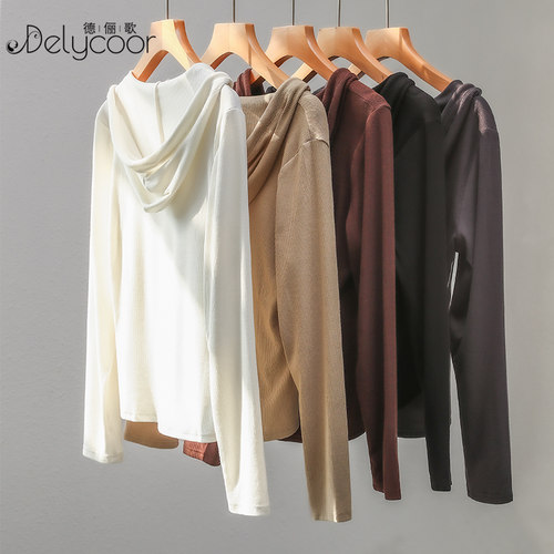 V领薄款连帽卫衣打底短款上衣