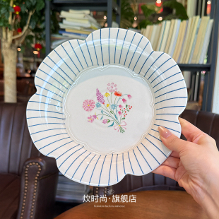 「高端的釉下彩餐盘」法式复古陶瓷盘早餐吐司盘意面盘带深度盘子