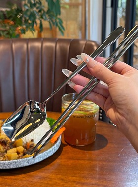 「出韩国VE18-10锻造长柄」吃饭勺拌饭勺子实心扁筷子优雅餐具套