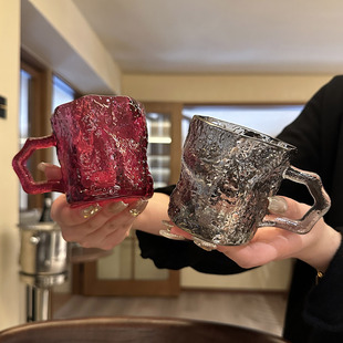 *老板娘自留款漂亮*ins风玫红带把冰川玻璃杯饮料杯咖啡杯冷饮杯