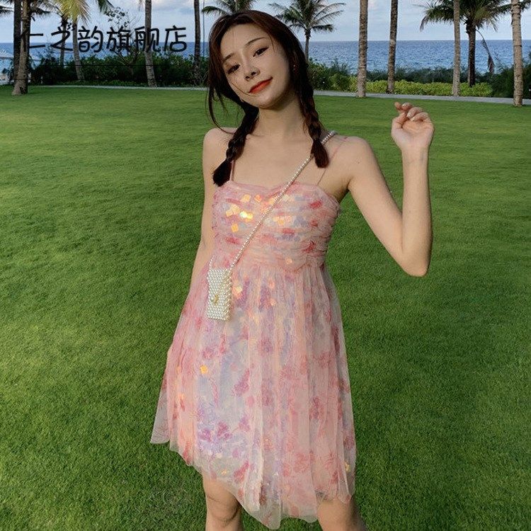 闪耀bling亮片网纱吊带鳞片连衣裙海边度假沙滩裙超仙女