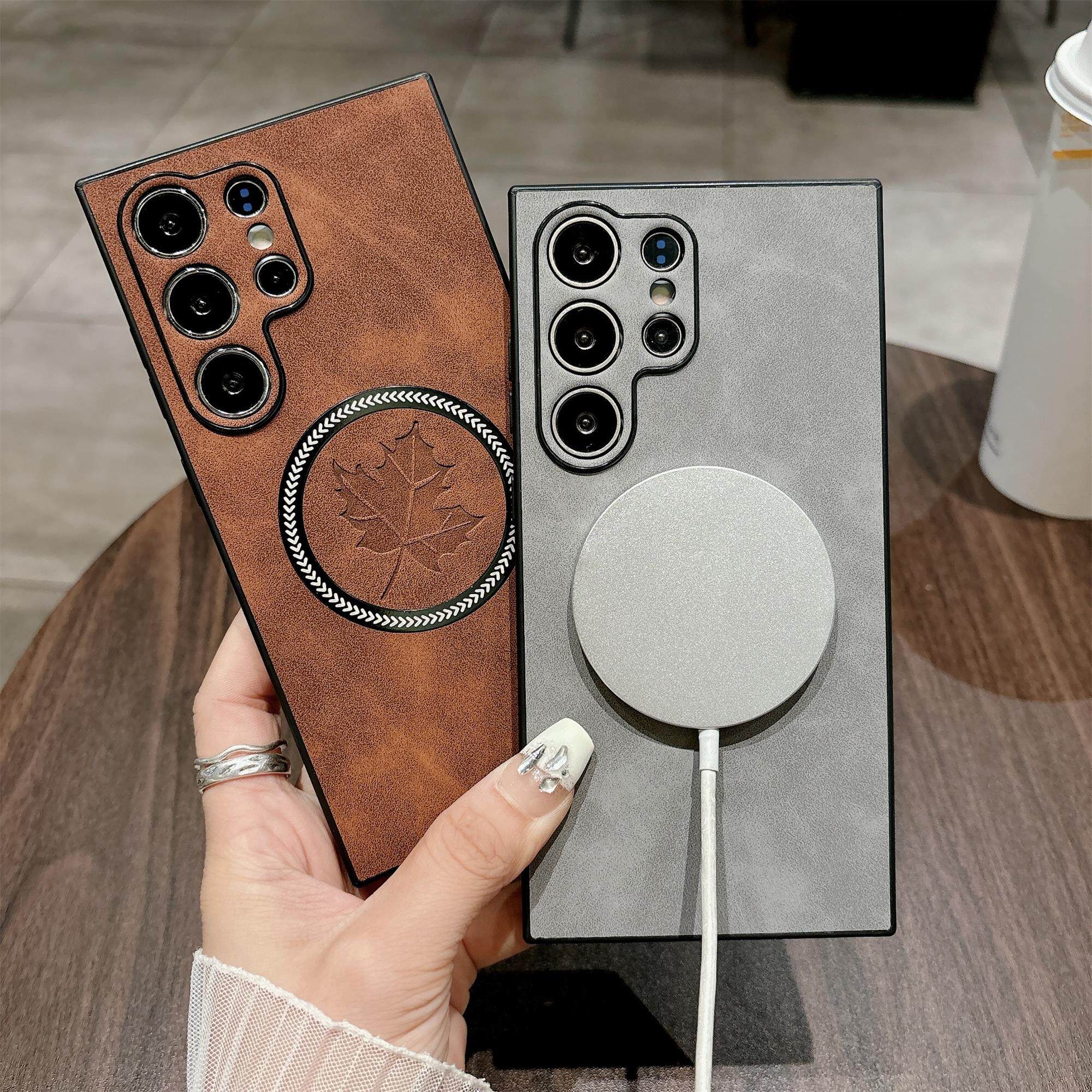 无线充电适用三星S25ultra磨砂简约手机壳三星s24ultra小羊皮手机壳S23+防汗硅胶枫叶s22ultra磁吸仿皮软壳