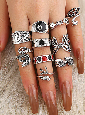 跨境扑克牌复古黑桃纸牌戒指个性蝴蝶孔雀动物戒指组合10件套批发