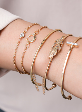 欧美新款个性手饰 时尚金色叶子月亮点钻开口5件套装手链手镯批发