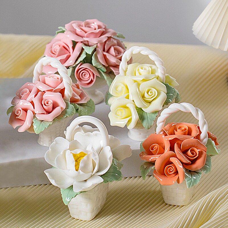 陶瓷手工迷你花篮摆件家居装饰创意花朵茶几客厅桌面仿真花工艺品