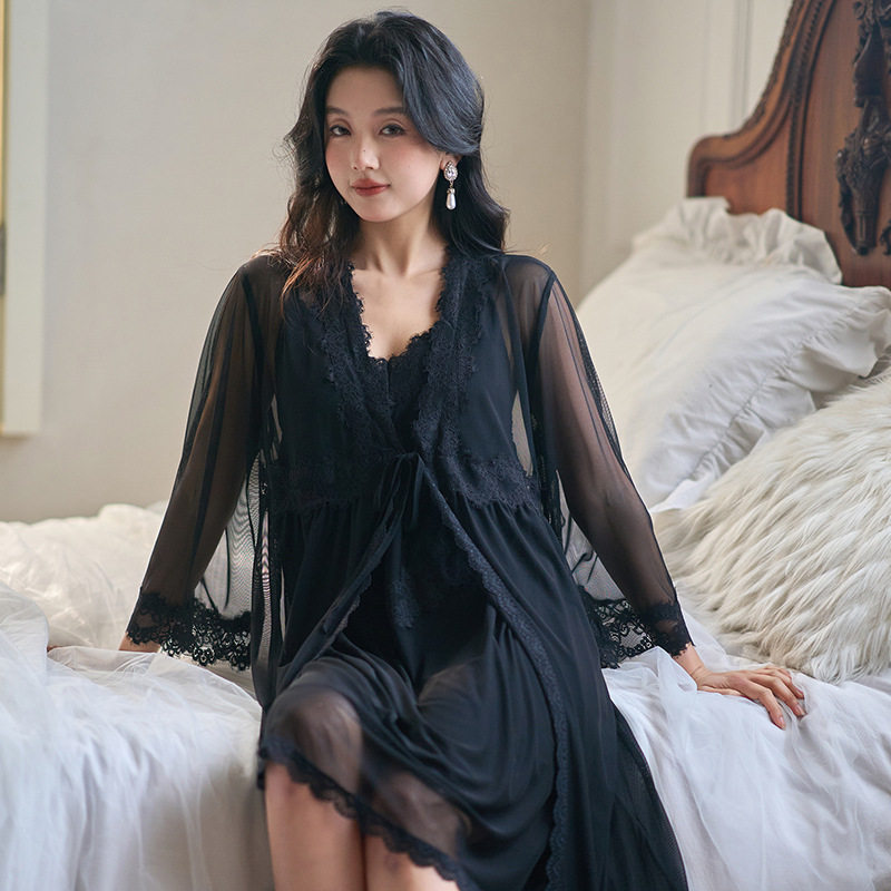 网纱宫廷风睡衣春秋长袖薄款吊带带胸垫睡裙披风两件套仙女家居服